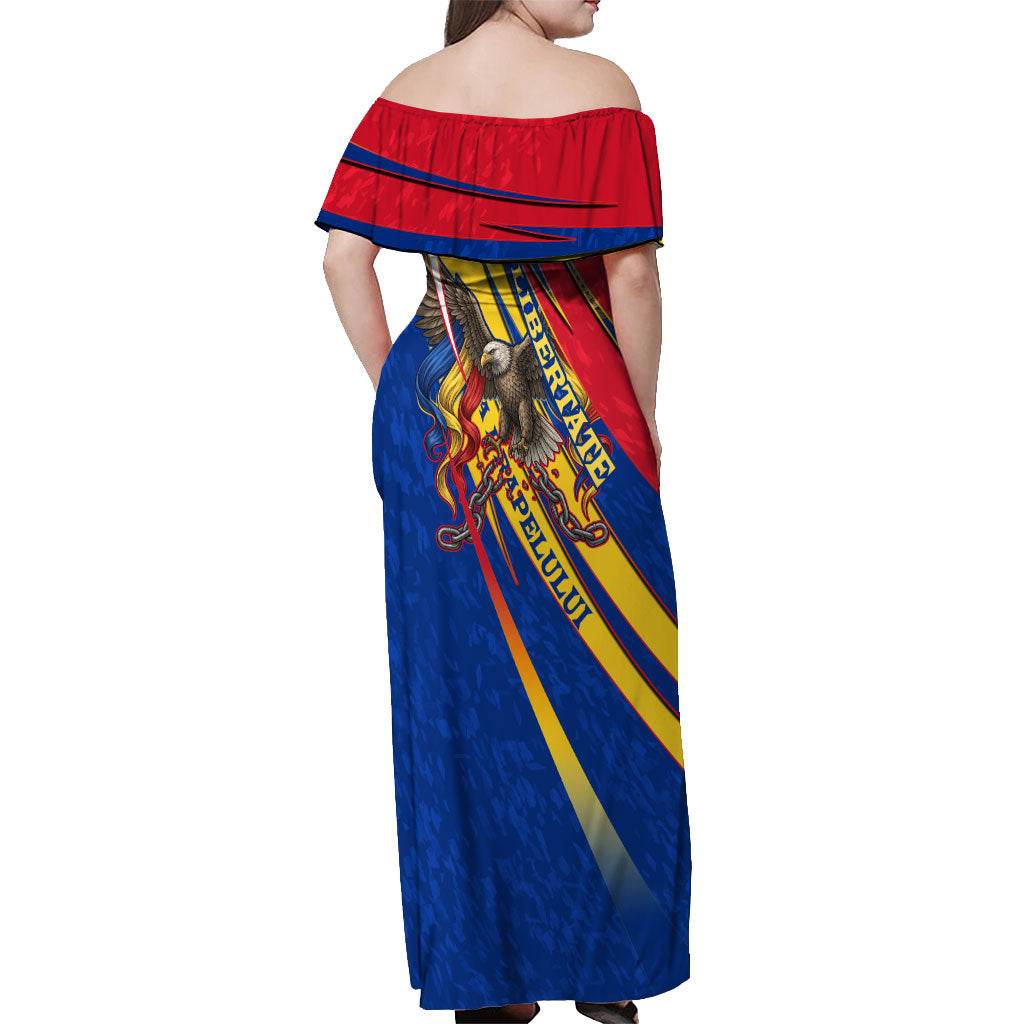 Romania Flag Day Off Shoulder Maxi Dress Libertate Ziua Drapelului - Eagle Patriotic Tricolor Floral