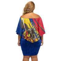 Romania Flag Day Off Shoulder Short Dress Libertate Ziua Drapelului - Eagle Patriotic Tricolor Floral