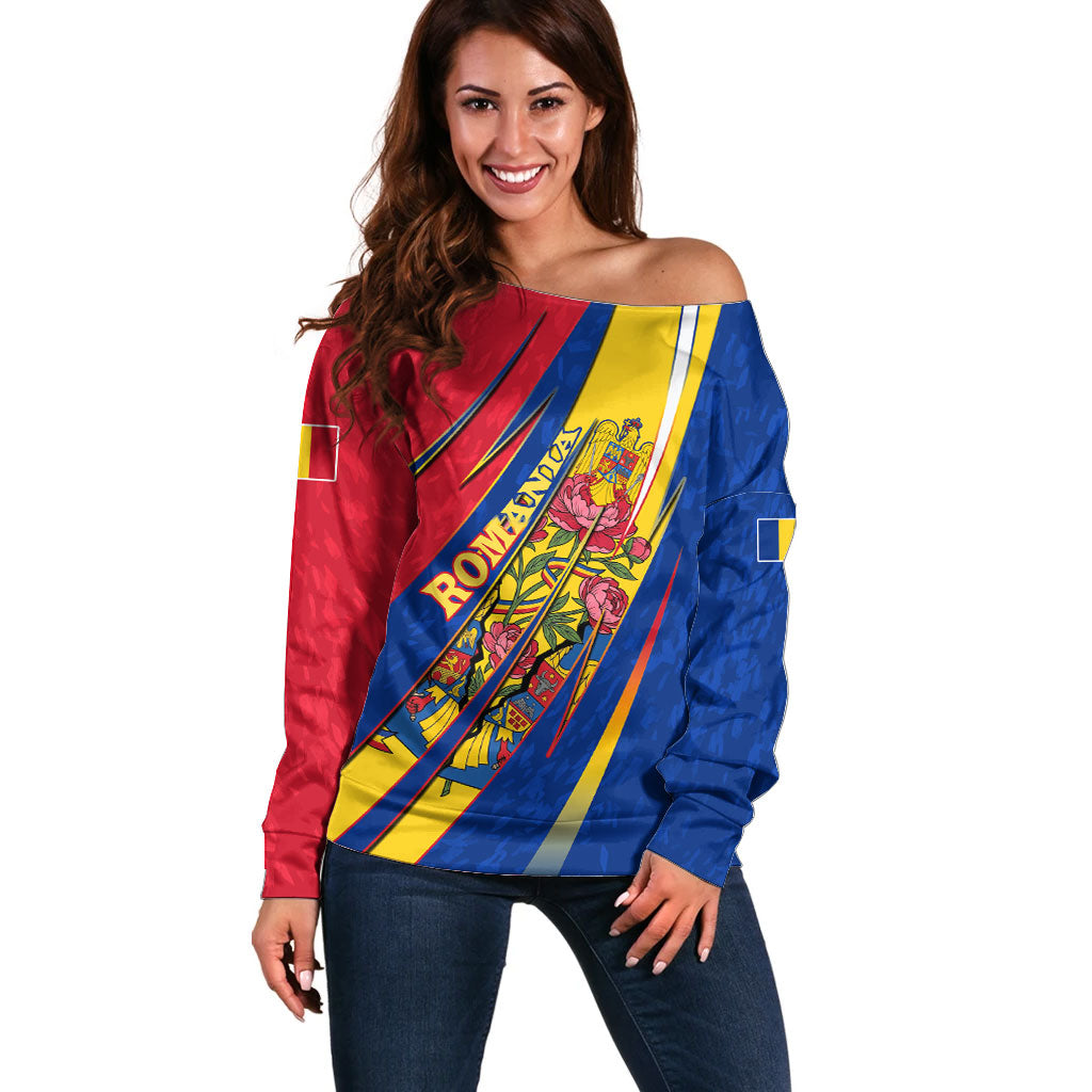 Romania Flag Day Off Shoulder Sweater Libertate Ziua Drapelului - Eagle Patriotic Tricolor Floral