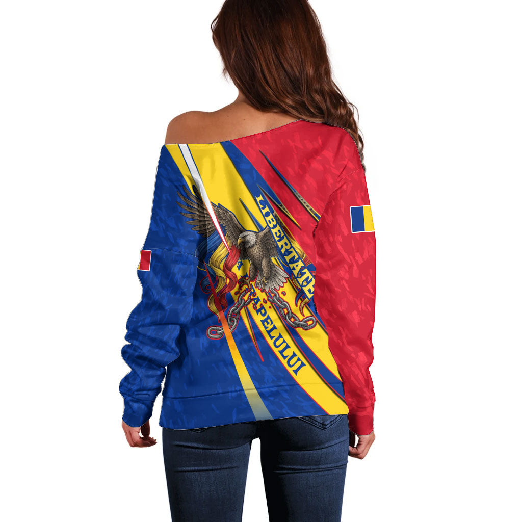 Romania Flag Day Off Shoulder Sweater Libertate Ziua Drapelului - Eagle Patriotic Tricolor Floral