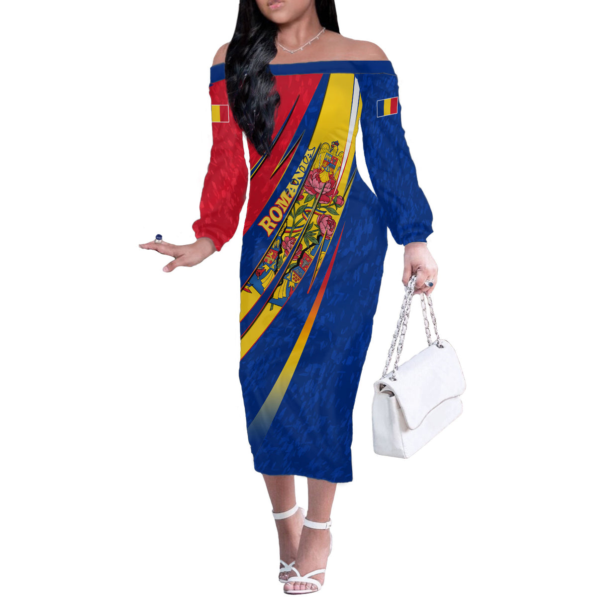 Romania Flag Day Off The Shoulder Long Sleeve Dress Libertate Ziua Drapelului - Eagle Patriotic Tricolor Floral