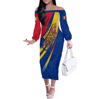 Romania Flag Day Off The Shoulder Long Sleeve Dress Libertate Ziua Drapelului - Eagle Patriotic Tricolor Floral