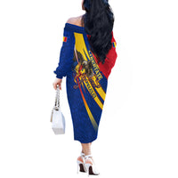 Romania Flag Day Off The Shoulder Long Sleeve Dress Libertate Ziua Drapelului - Eagle Patriotic Tricolor Floral