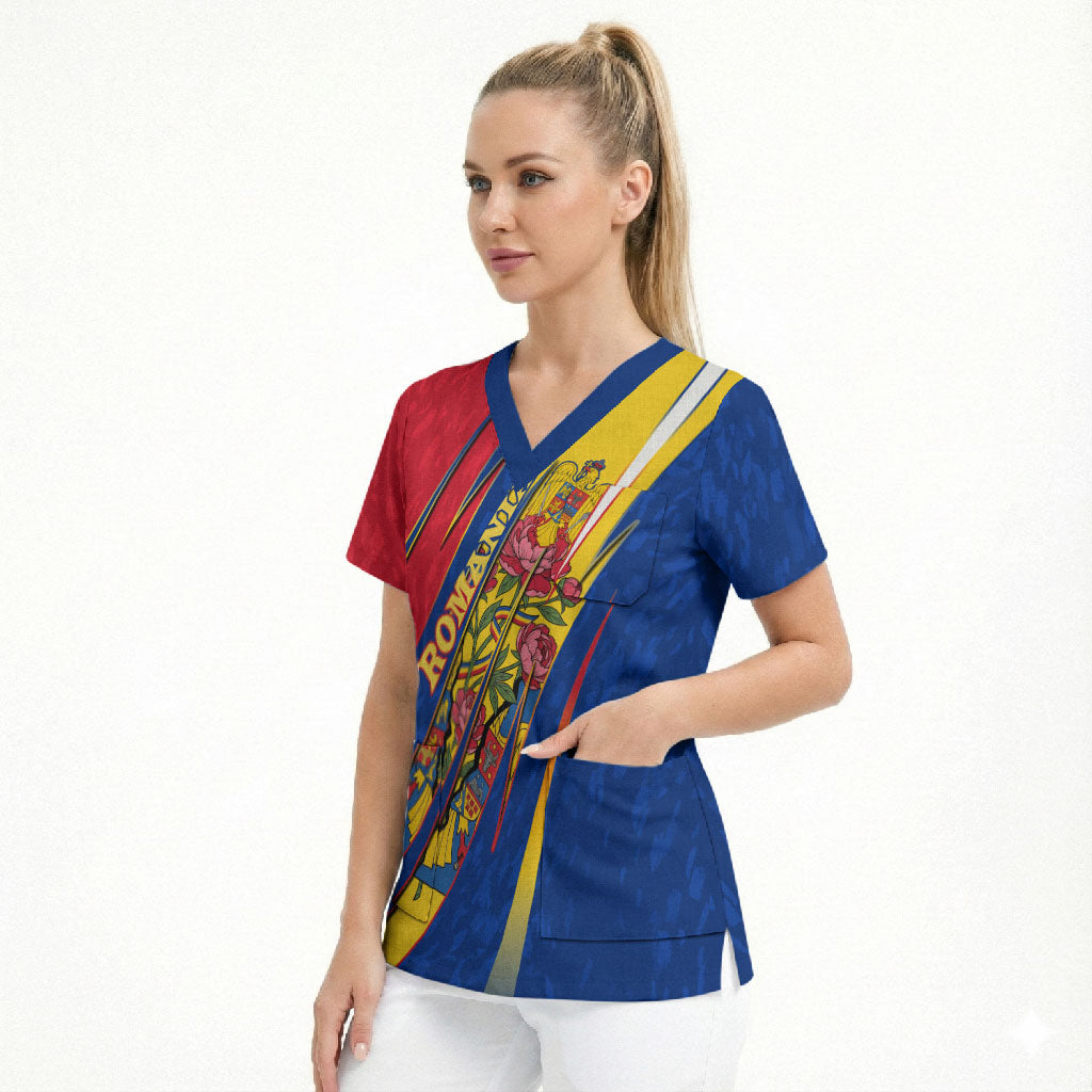 Romania Flag Day Scrub Top Libertate Ziua Drapelului - Eagle Patriotic Tricolor Floral