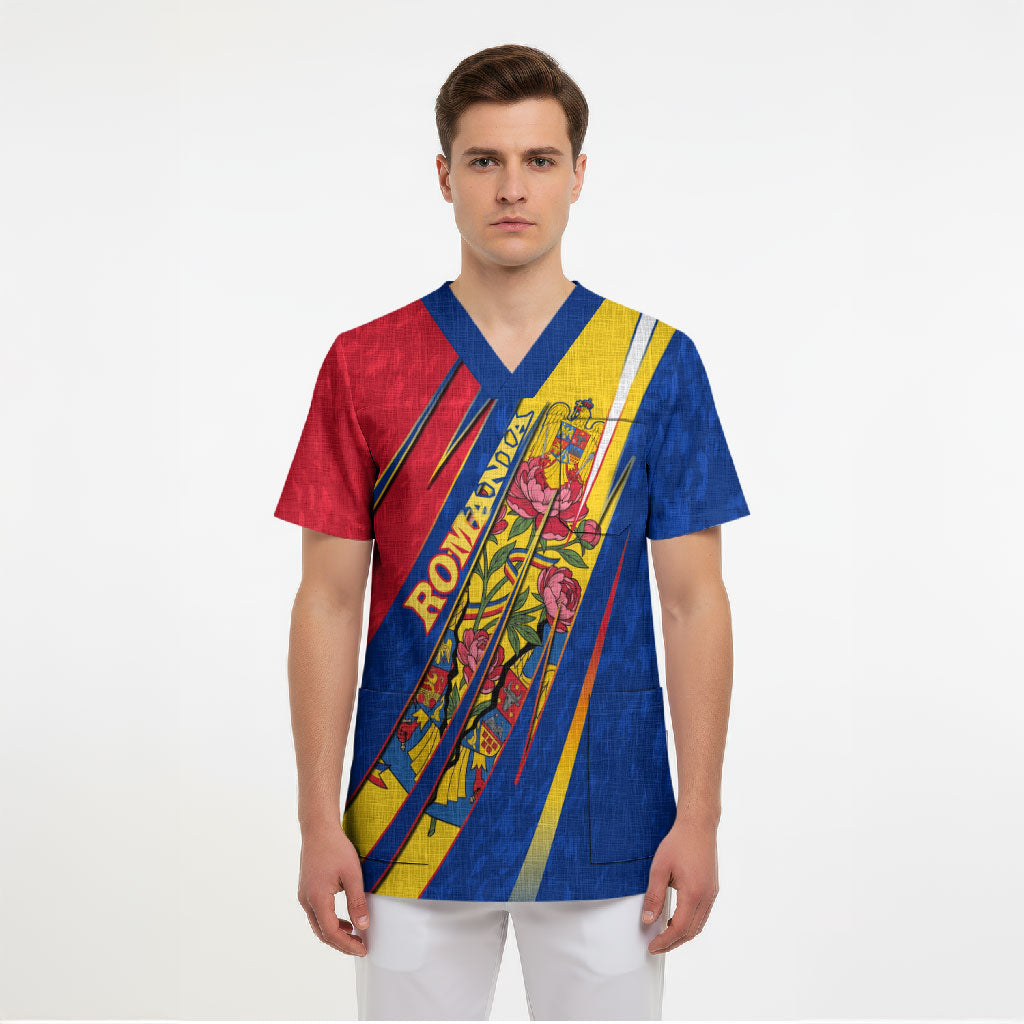 Romania Flag Day Scrub Top Libertate Ziua Drapelului - Eagle Patriotic Tricolor Floral