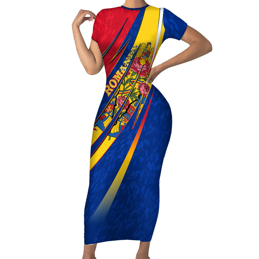 Romania Flag Day Short Sleeve Bodycon Dress Libertate Ziua Drapelului - Eagle Patriotic Tricolor Floral
