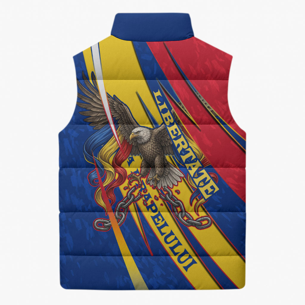 Romania Flag Day Sleeveless Puffer Jacket Libertate Ziua Drapelului - Eagle Patriotic Tricolor Floral