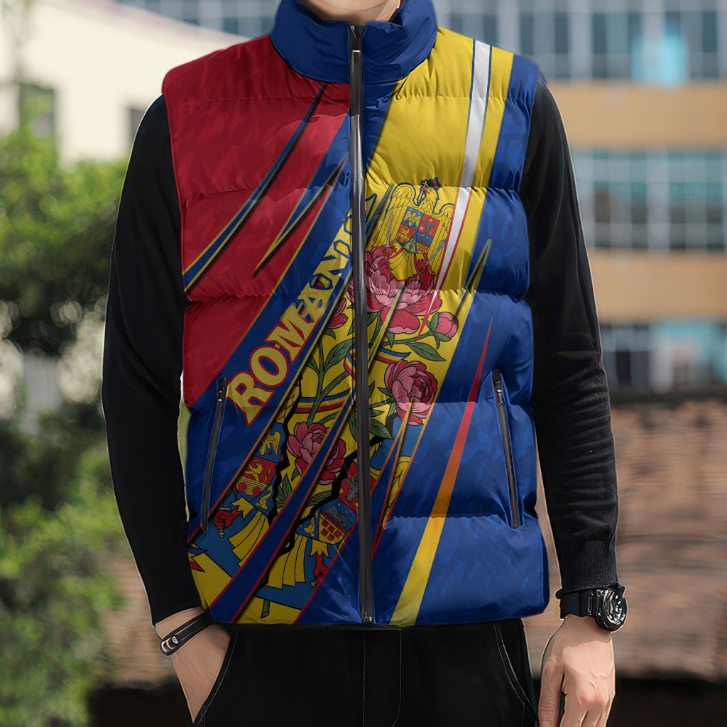 Romania Flag Day Sleeveless Puffer Jacket Libertate Ziua Drapelului - Eagle Patriotic Tricolor Floral