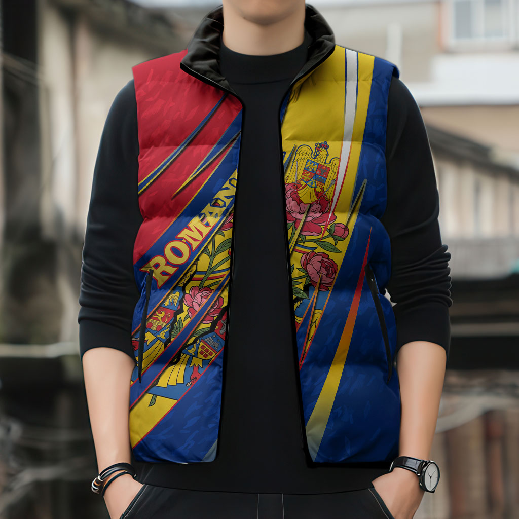 Romania Flag Day Sleeveless Puffer Jacket Libertate Ziua Drapelului - Eagle Patriotic Tricolor Floral