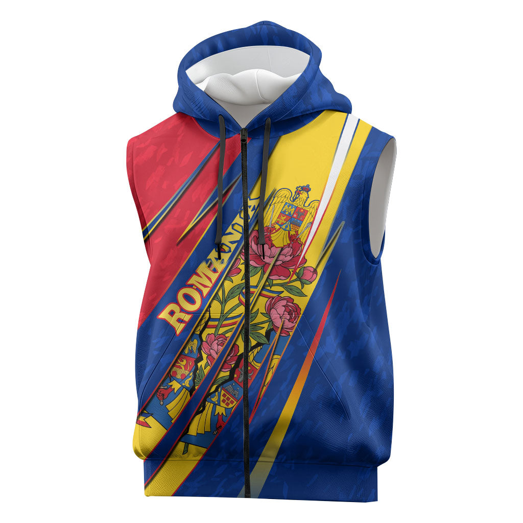 Romania Flag Day Sleeveless Zip Hoodie Libertate Ziua Drapelului - Eagle Patriotic Tricolor Floral