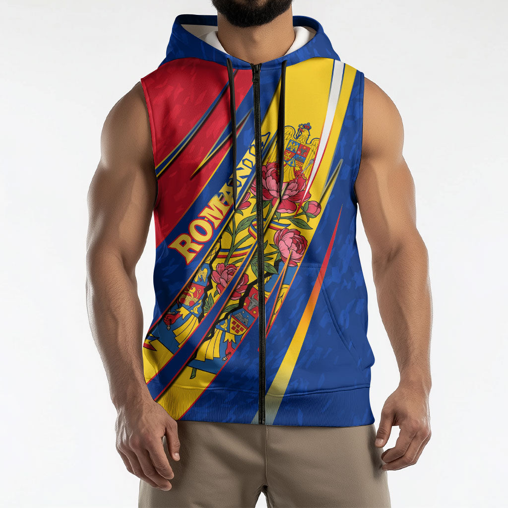 Romania Flag Day Sleeveless Zip Hoodie Libertate Ziua Drapelului - Eagle Patriotic Tricolor Floral
