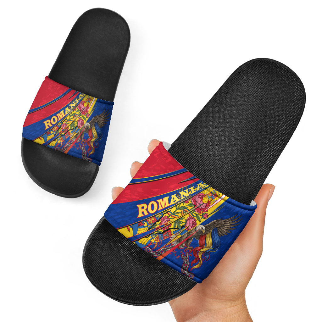 Romania Flag Day Slide Sandals Libertate Ziua Drapelului - Eagle Patriotic Tricolor Floral