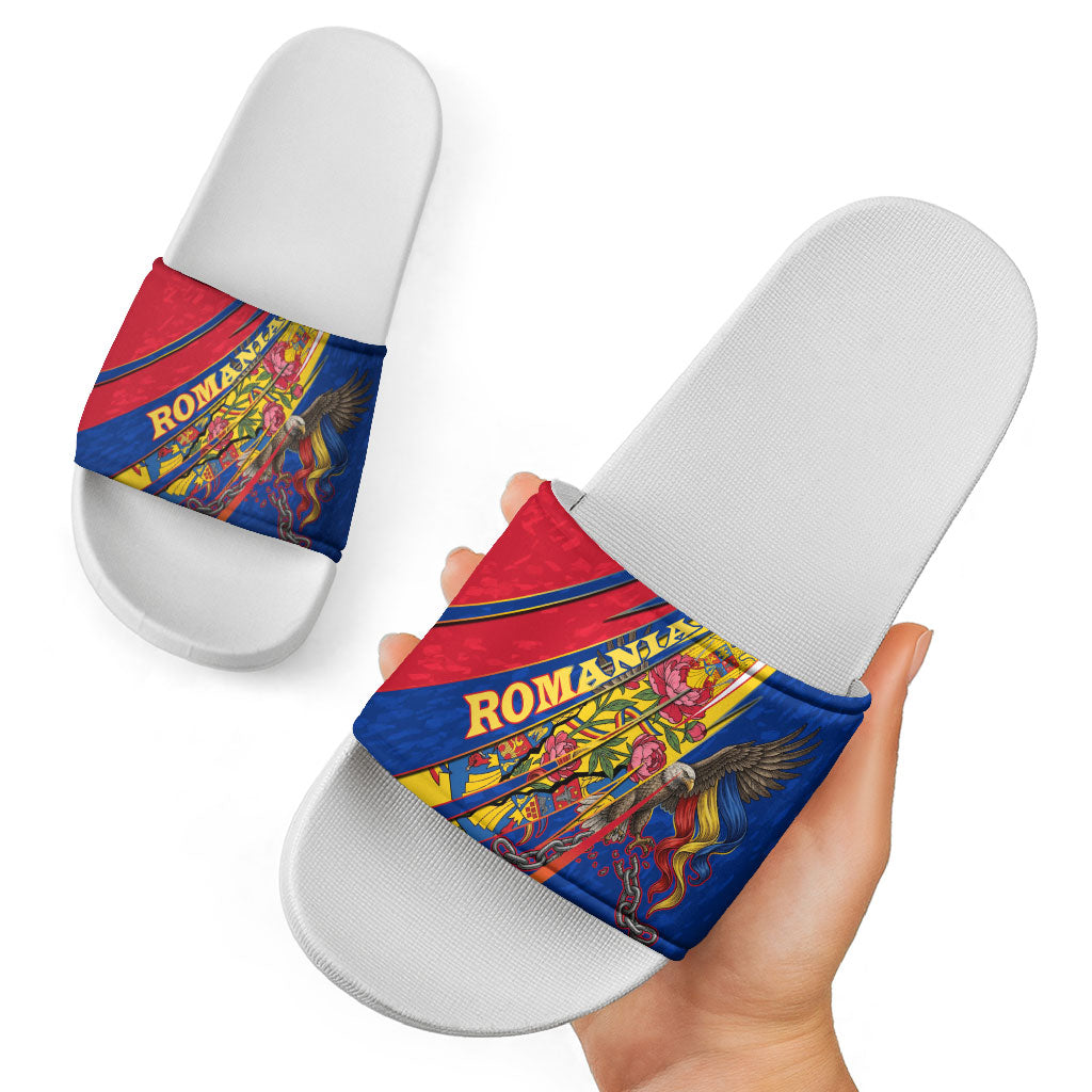 Romania Flag Day Slide Sandals Libertate Ziua Drapelului - Eagle Patriotic Tricolor Floral
