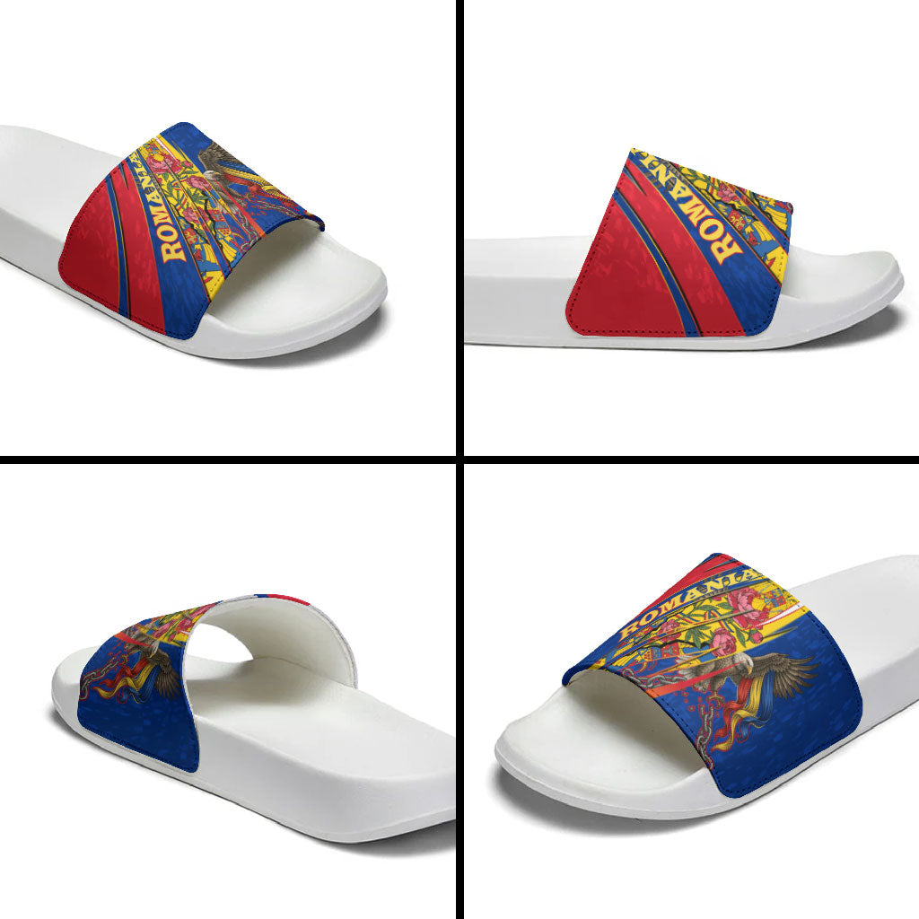 Romania Flag Day Slide Sandals Libertate Ziua Drapelului - Eagle Patriotic Tricolor Floral