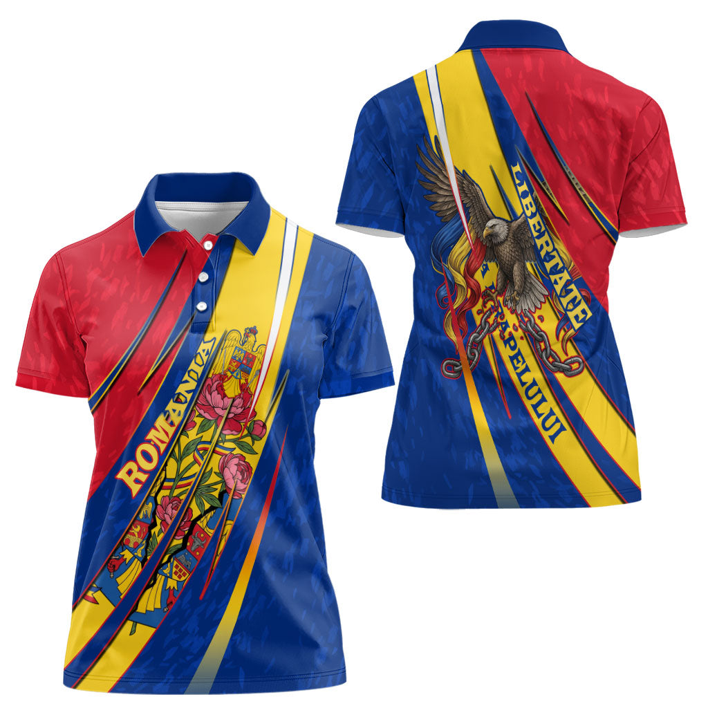 Romania Flag Day Women Polo Shirt Libertate Ziua Drapelului - Eagle Patriotic Tricolor Floral