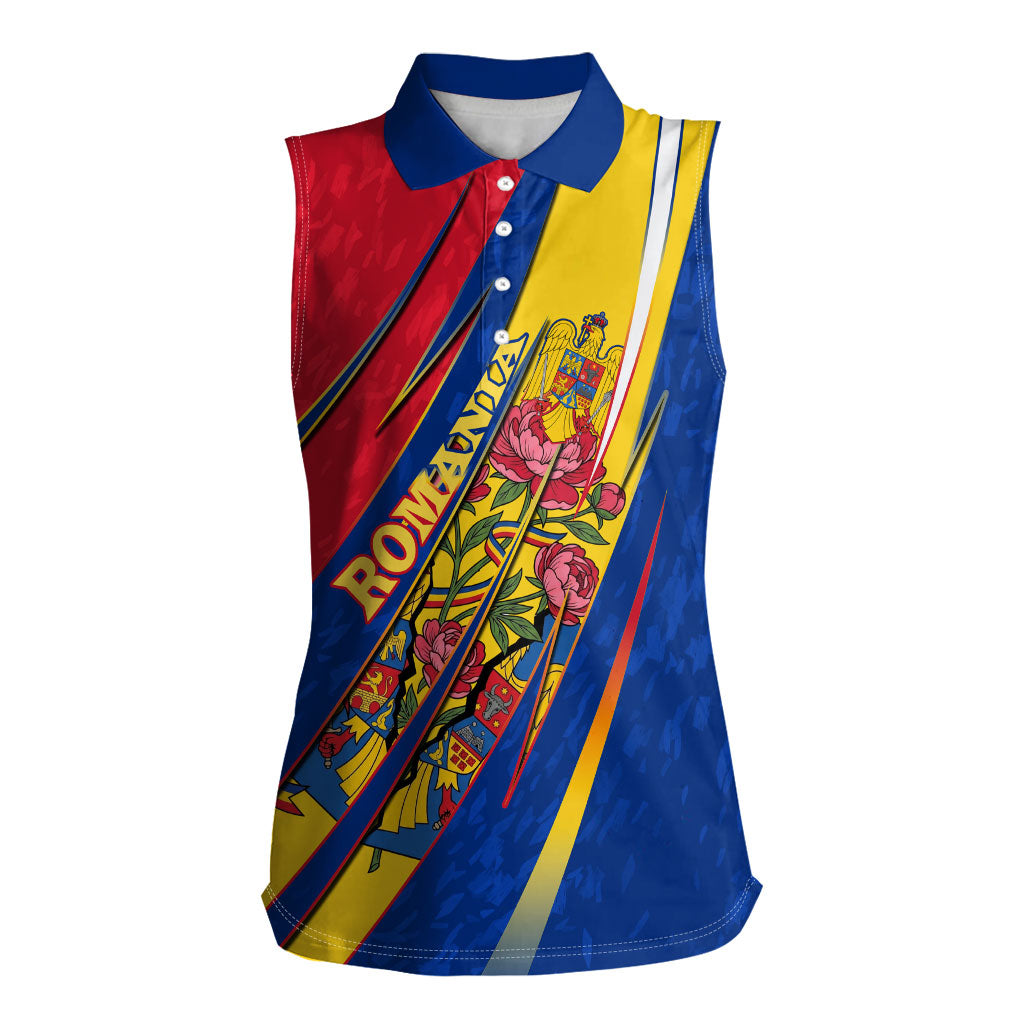 Romania Flag Day Women Sleeveless Polo Shirt Libertate Ziua Drapelului - Eagle Patriotic Tricolor Floral