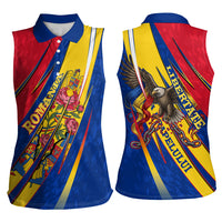 Romania Flag Day Women Sleeveless Polo Shirt Libertate Ziua Drapelului - Eagle Patriotic Tricolor Floral