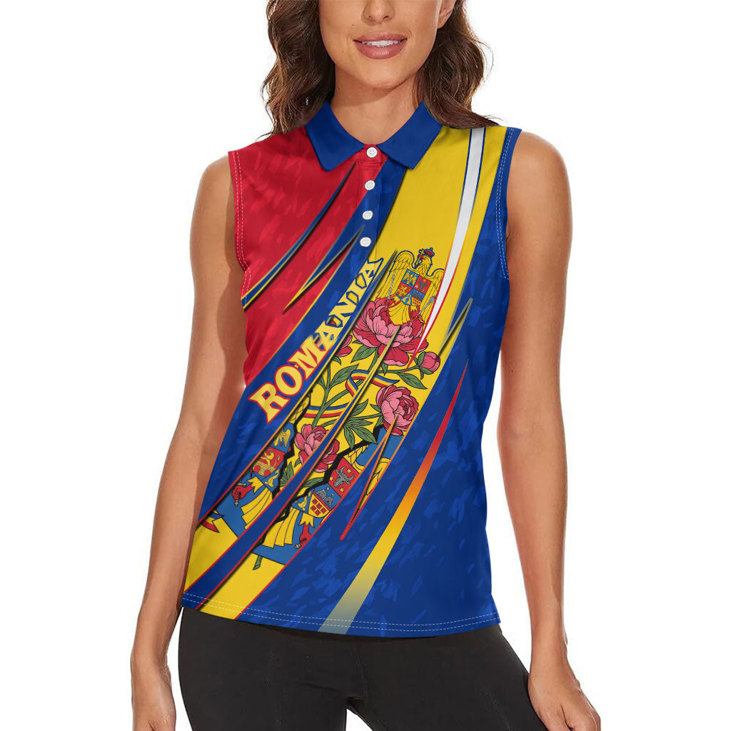 Romania Flag Day Women Sleeveless Polo Shirt Libertate Ziua Drapelului - Eagle Patriotic Tricolor Floral