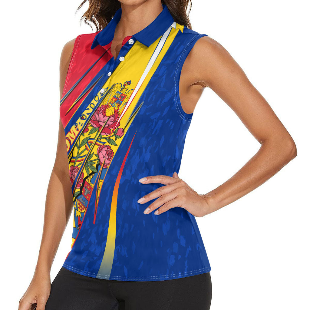 Romania Flag Day Women Sleeveless Polo Shirt Libertate Ziua Drapelului - Eagle Patriotic Tricolor Floral