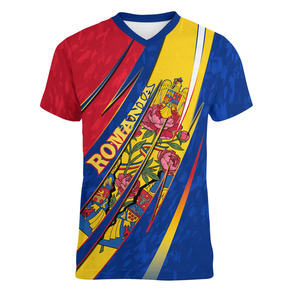 Romania Flag Day Women V-Neck T-Shirt Libertate Ziua Drapelului - Eagle Patriotic Tricolor Floral