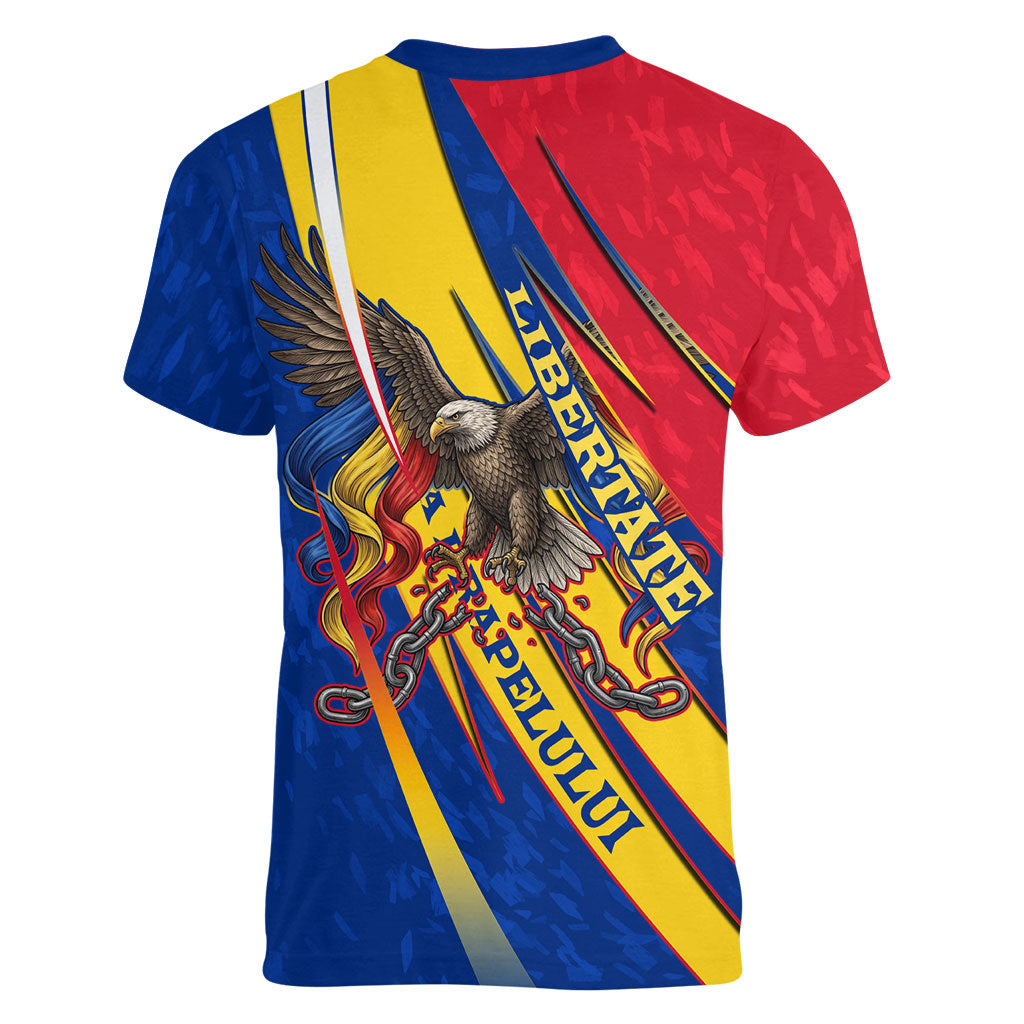 Romania Flag Day Women V-Neck T-Shirt Libertate Ziua Drapelului - Eagle Patriotic Tricolor Floral
