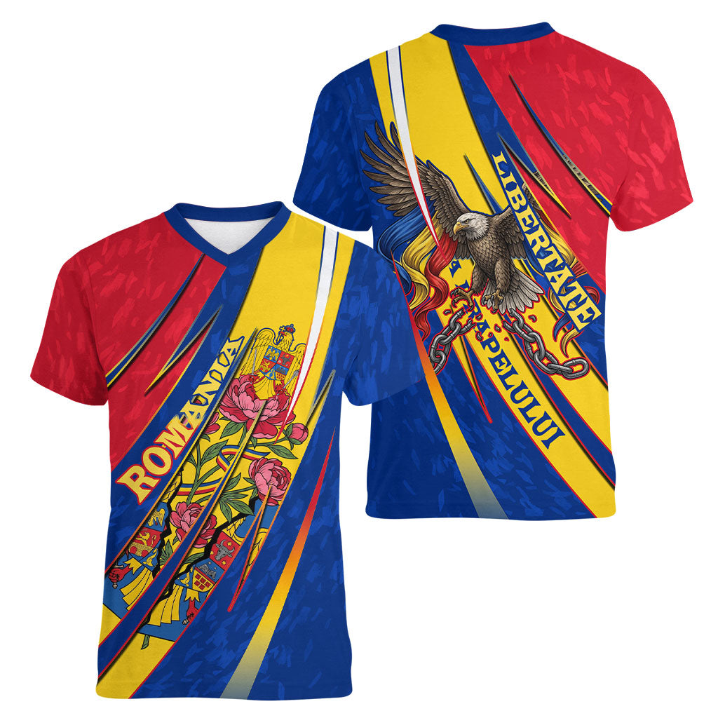 Romania Flag Day Women V-Neck T-Shirt Libertate Ziua Drapelului - Eagle Patriotic Tricolor Floral