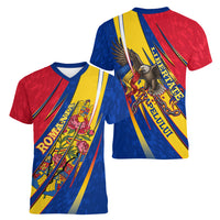 Romania Flag Day Women V-Neck T-Shirt Libertate Ziua Drapelului - Eagle Patriotic Tricolor Floral