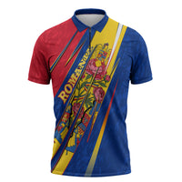 Romania Flag Day Zipper Polo Shirt Libertate Ziua Drapelului - Eagle Patriotic Tricolor Floral