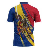 Romania Flag Day Zipper Polo Shirt Libertate Ziua Drapelului - Eagle Patriotic Tricolor Floral