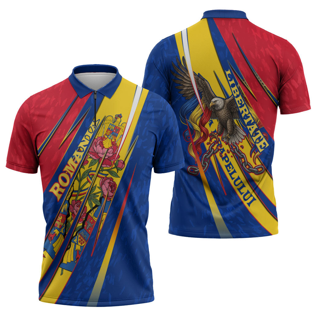 Romania Flag Day Zipper Polo Shirt Libertate Ziua Drapelului - Eagle Patriotic Tricolor Floral