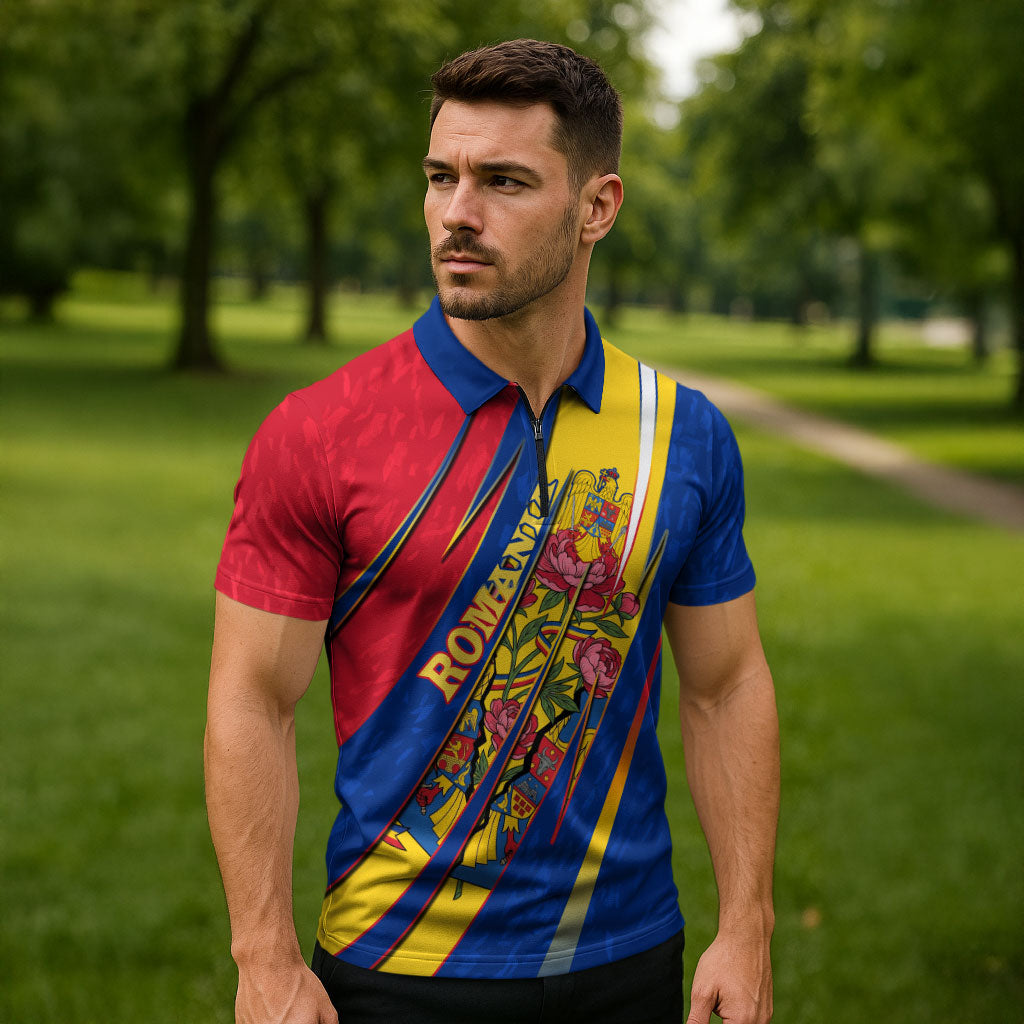 Romania Flag Day Zipper Polo Shirt Libertate Ziua Drapelului - Eagle Patriotic Tricolor Floral