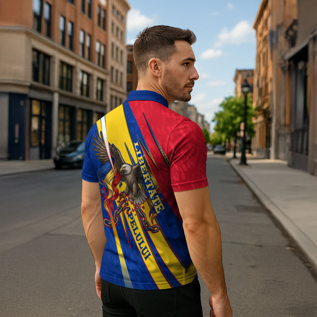 Romania Flag Day Zipper Polo Shirt Libertate Ziua Drapelului - Eagle Patriotic Tricolor Floral