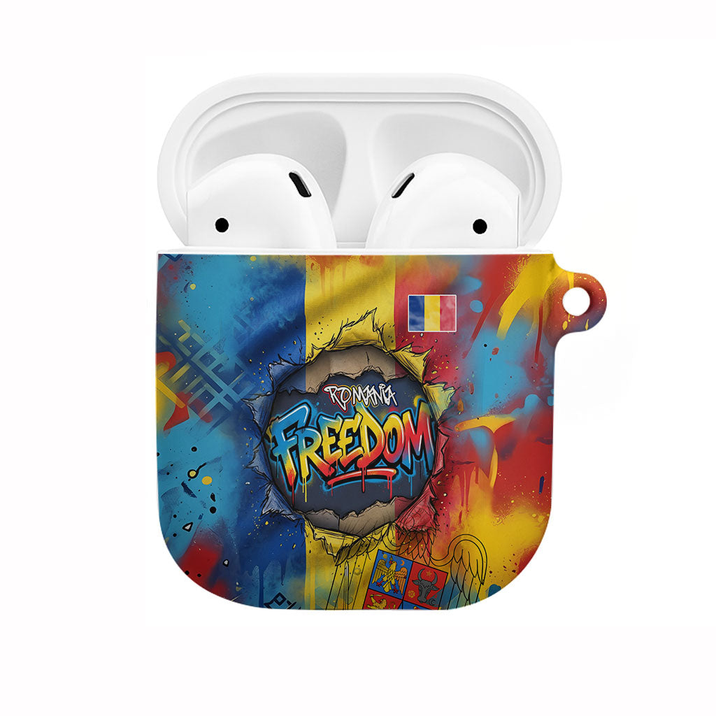 Romania Freedom AirPods Case Flag Day June 26 - Raised Fist - Graffiti Style