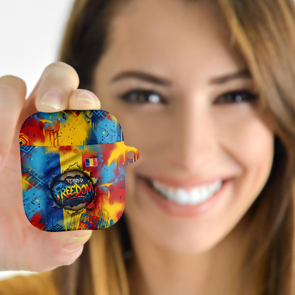 Romania Freedom AirPods Case Flag Day June 26 - Raised Fist - Graffiti Style