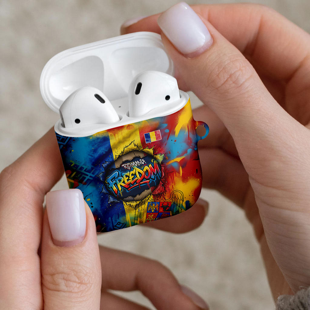 Romania Freedom AirPods Case Flag Day June 26 - Raised Fist - Graffiti Style