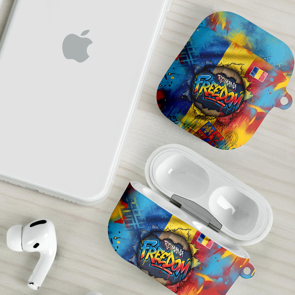 Romania Freedom AirPods Case Flag Day June 26 - Raised Fist - Graffiti Style