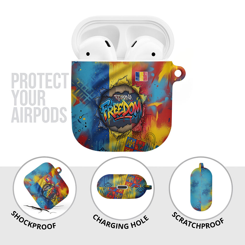 Romania Freedom AirPods Case Flag Day June 26 - Raised Fist - Graffiti Style