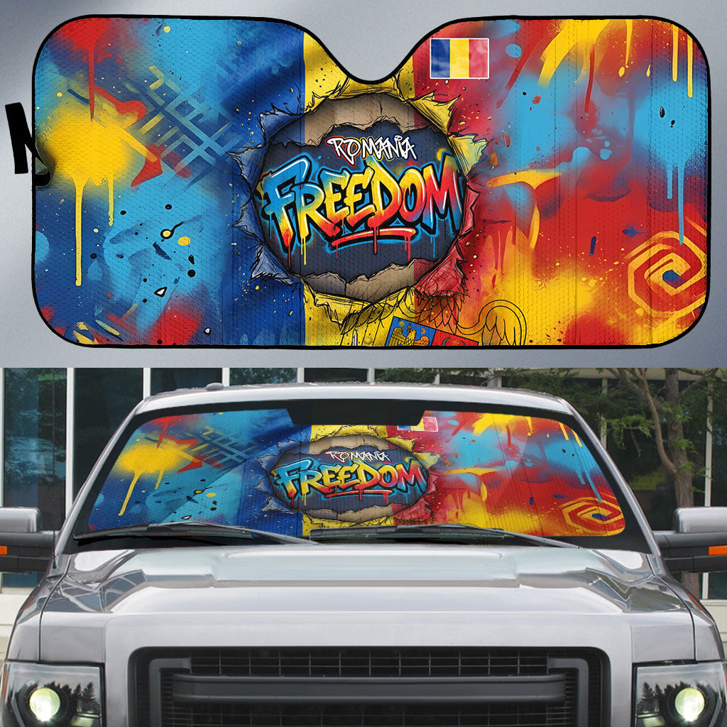 Romania Freedom Auto Sun Shade Flag Day June 26 - Raised Fist - Graffiti Style