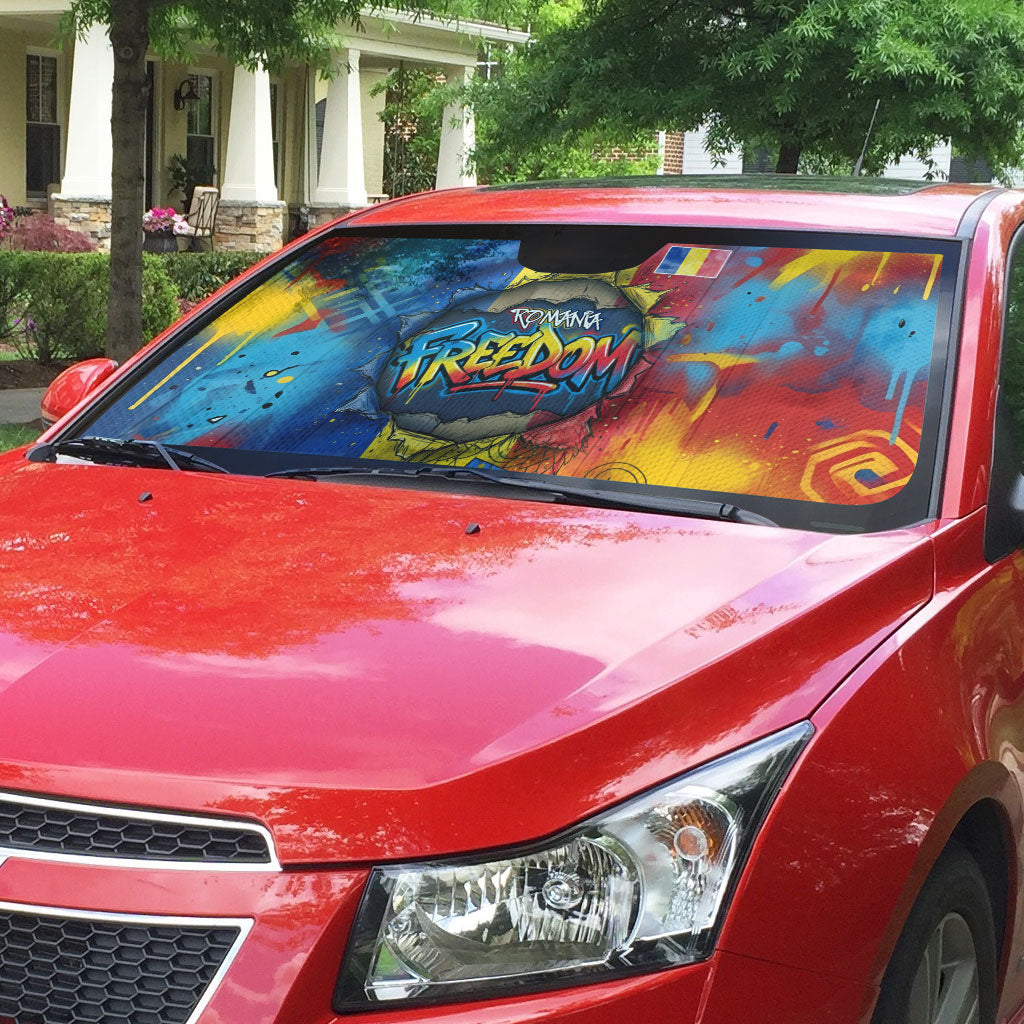 Romania Freedom Auto Sun Shade Flag Day June 26 - Raised Fist - Graffiti Style