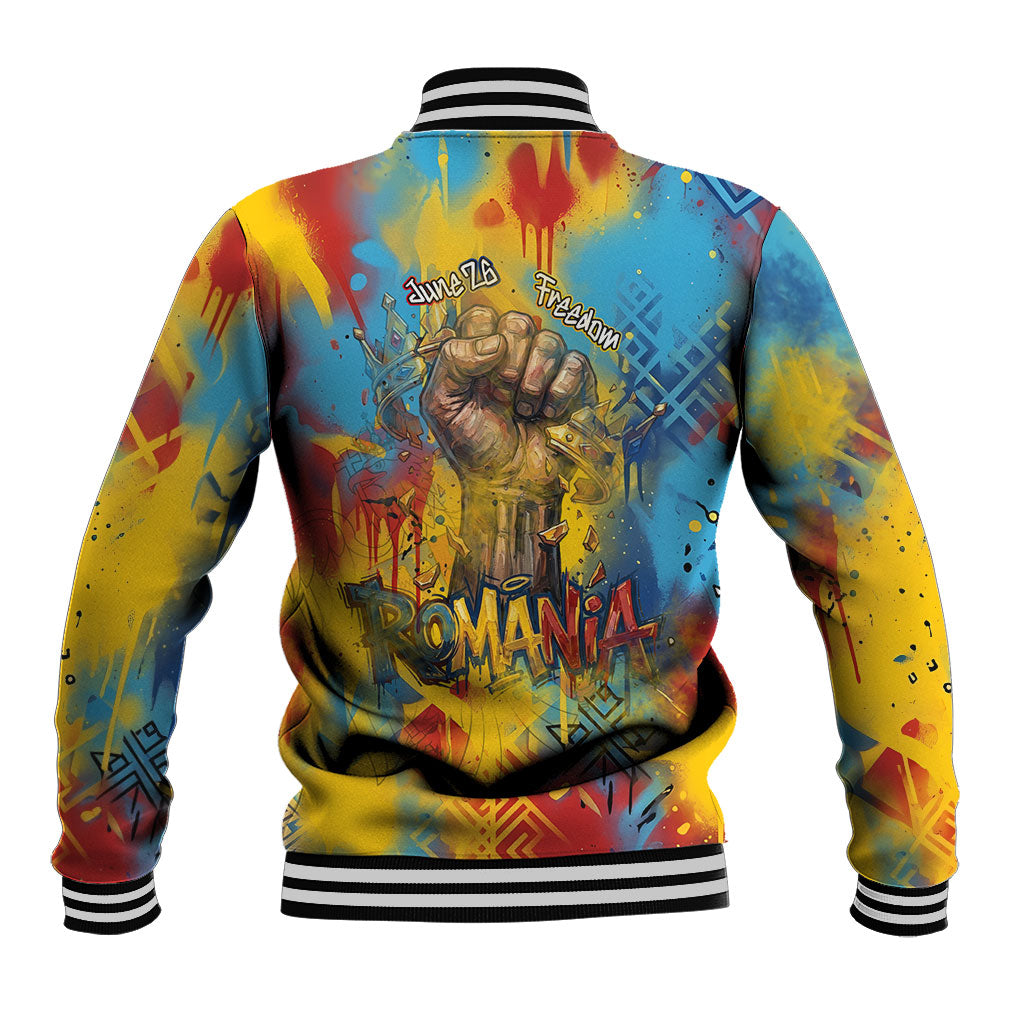 Romania Freedom Baseball Jacket Flag Day June 26 - Raised Fist - Graffiti Style