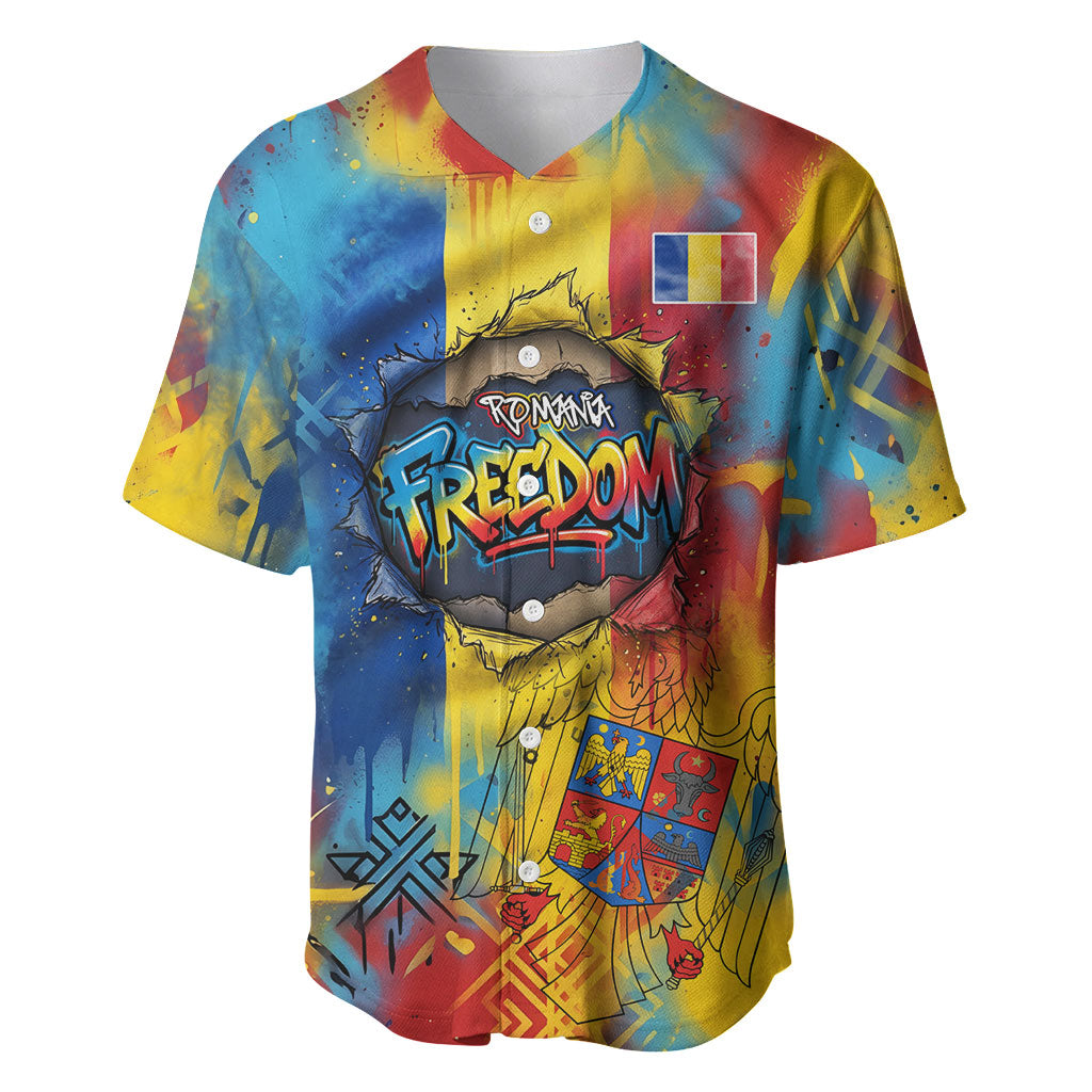Romania Freedom Baseball Jersey Flag Day June 26 - Raised Fist - Graffiti Style