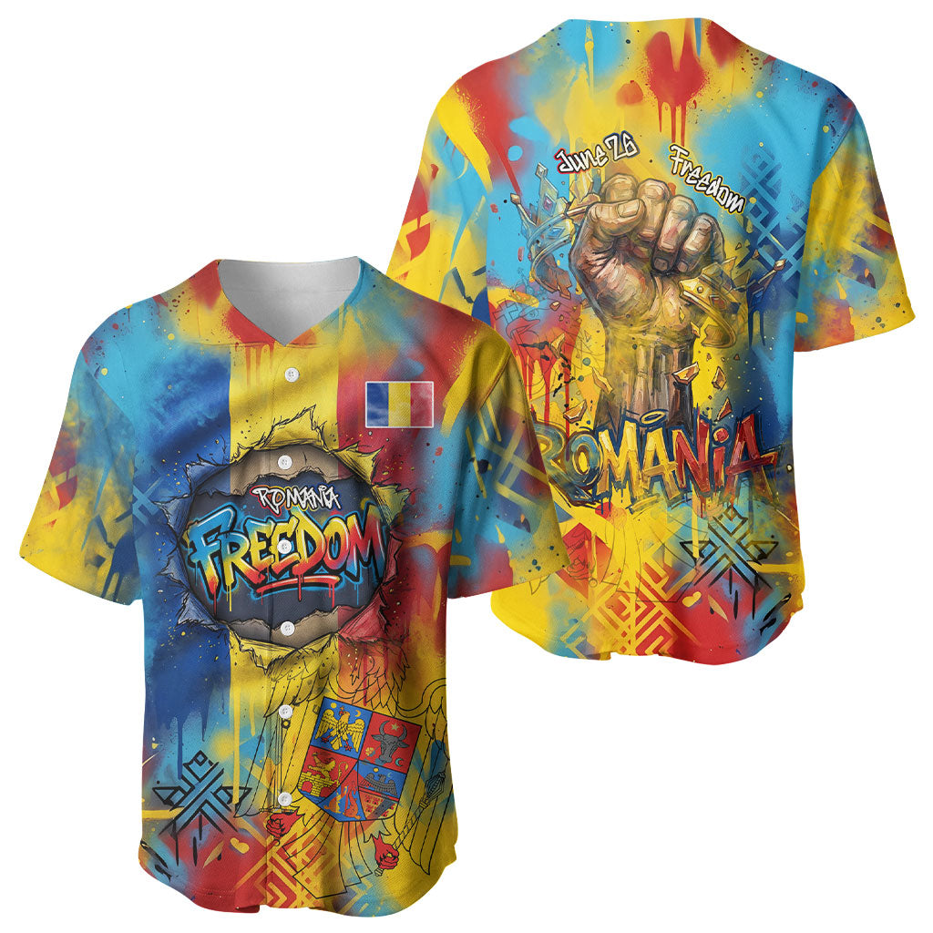 Romania Freedom Baseball Jersey Flag Day June 26 - Raised Fist - Graffiti Style