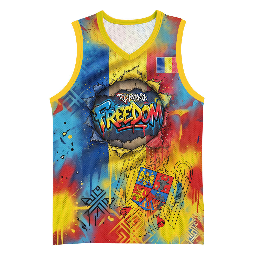 Romania Freedom Basketball Jersey Flag Day June 26 - Raised Fist - Graffiti Style