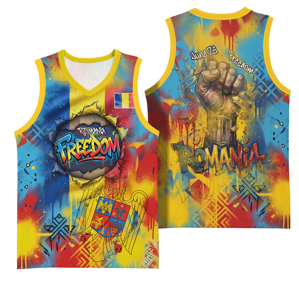 Romania Freedom Basketball Jersey Flag Day June 26 - Raised Fist - Graffiti Style