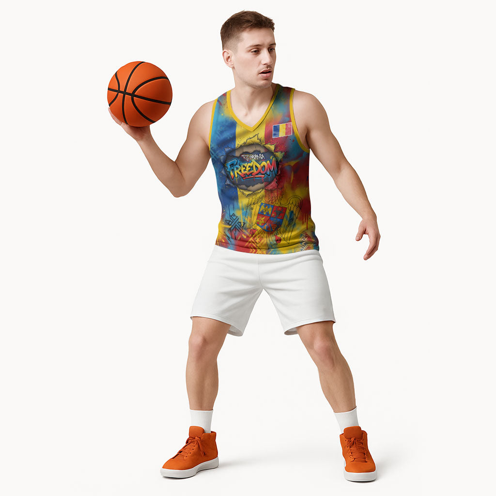 Romania Freedom Basketball Jersey Flag Day June 26 - Raised Fist - Graffiti Style
