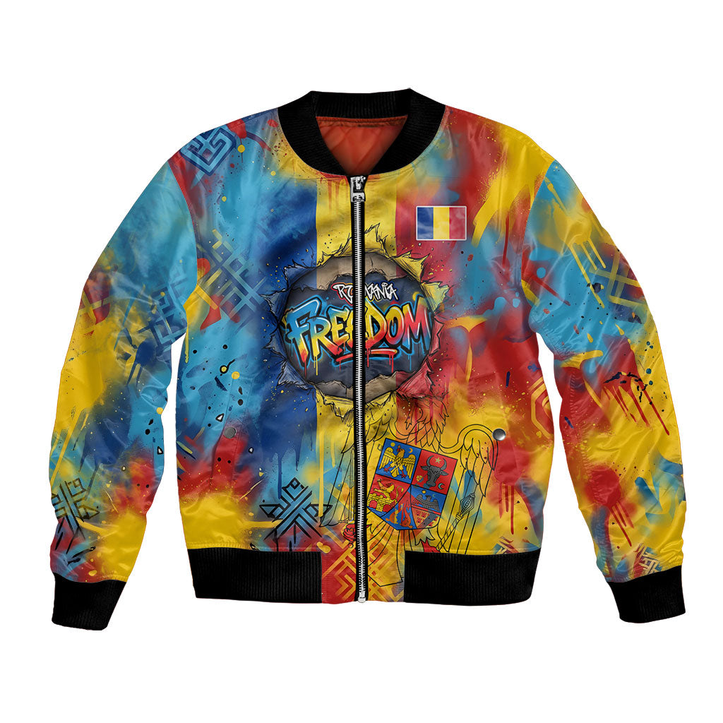 Romania Freedom Bomber Jacket Flag Day June 26 - Raised Fist - Graffiti Style