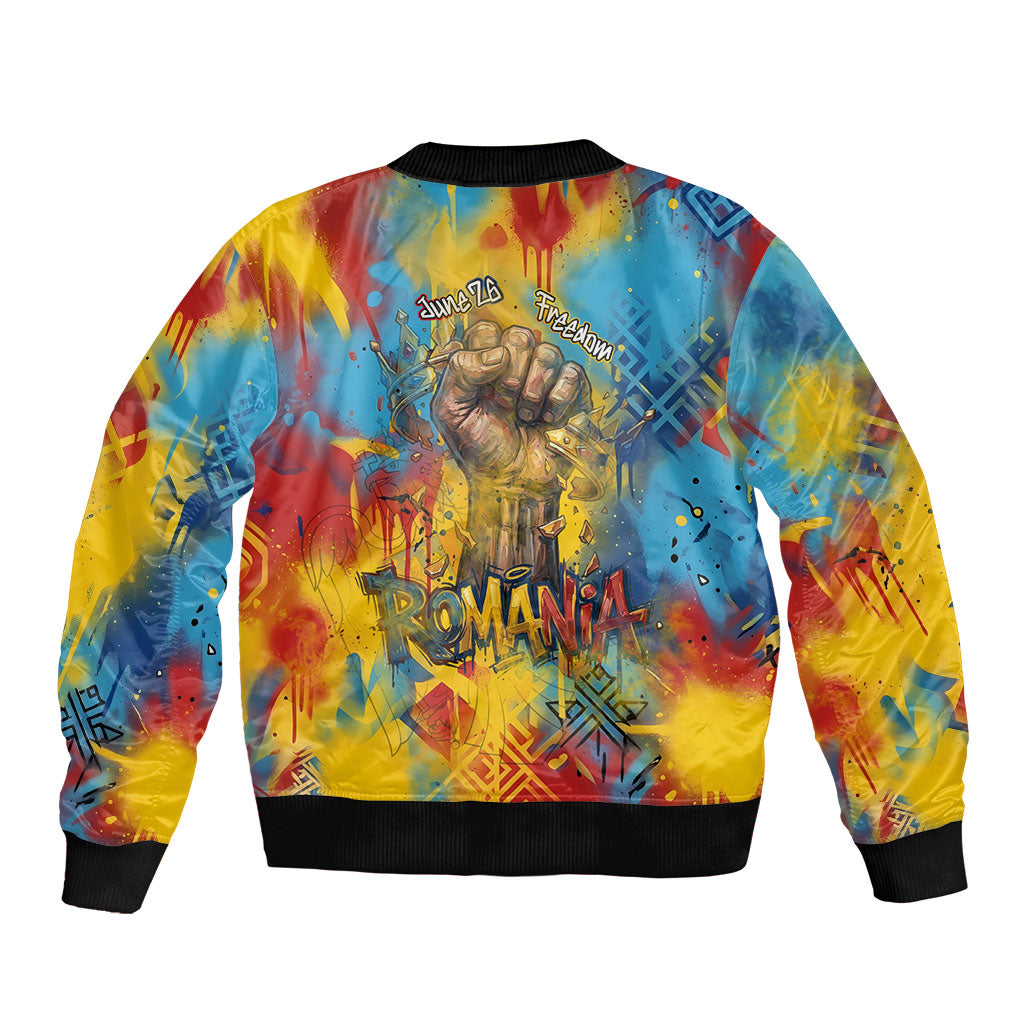 Romania Freedom Bomber Jacket Flag Day June 26 - Raised Fist - Graffiti Style