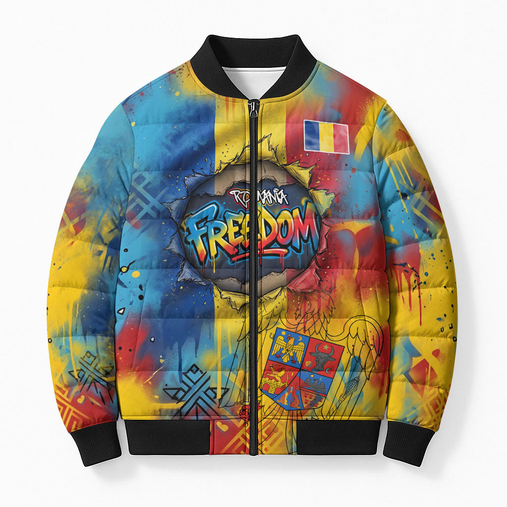 Romania Freedom Bomber Puffer Jacket Flag Day June 26 - Raised Fist - Graffiti Style