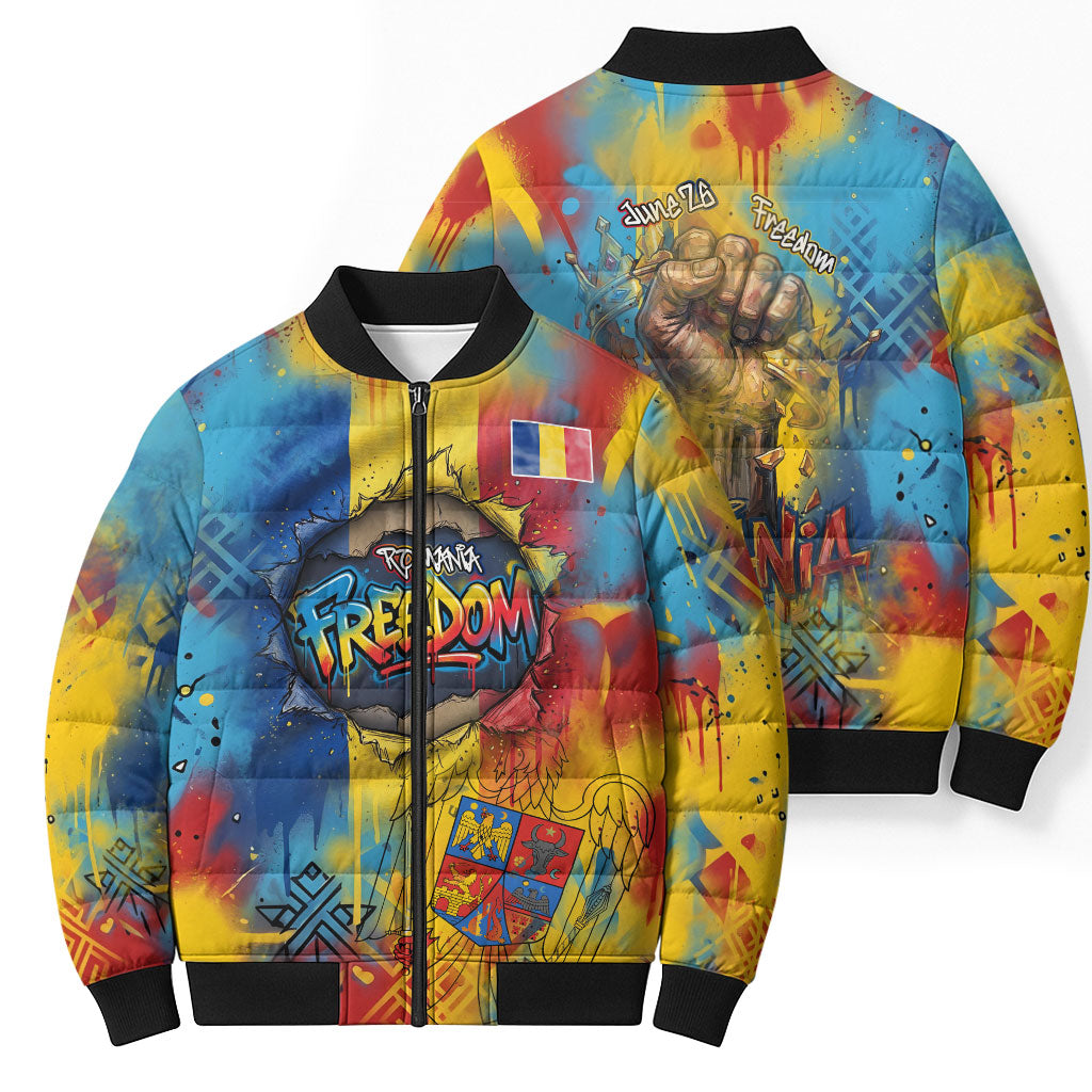 Romania Freedom Bomber Puffer Jacket Flag Day June 26 - Raised Fist - Graffiti Style