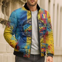 Romania Freedom Bomber Puffer Jacket Flag Day June 26 - Raised Fist - Graffiti Style